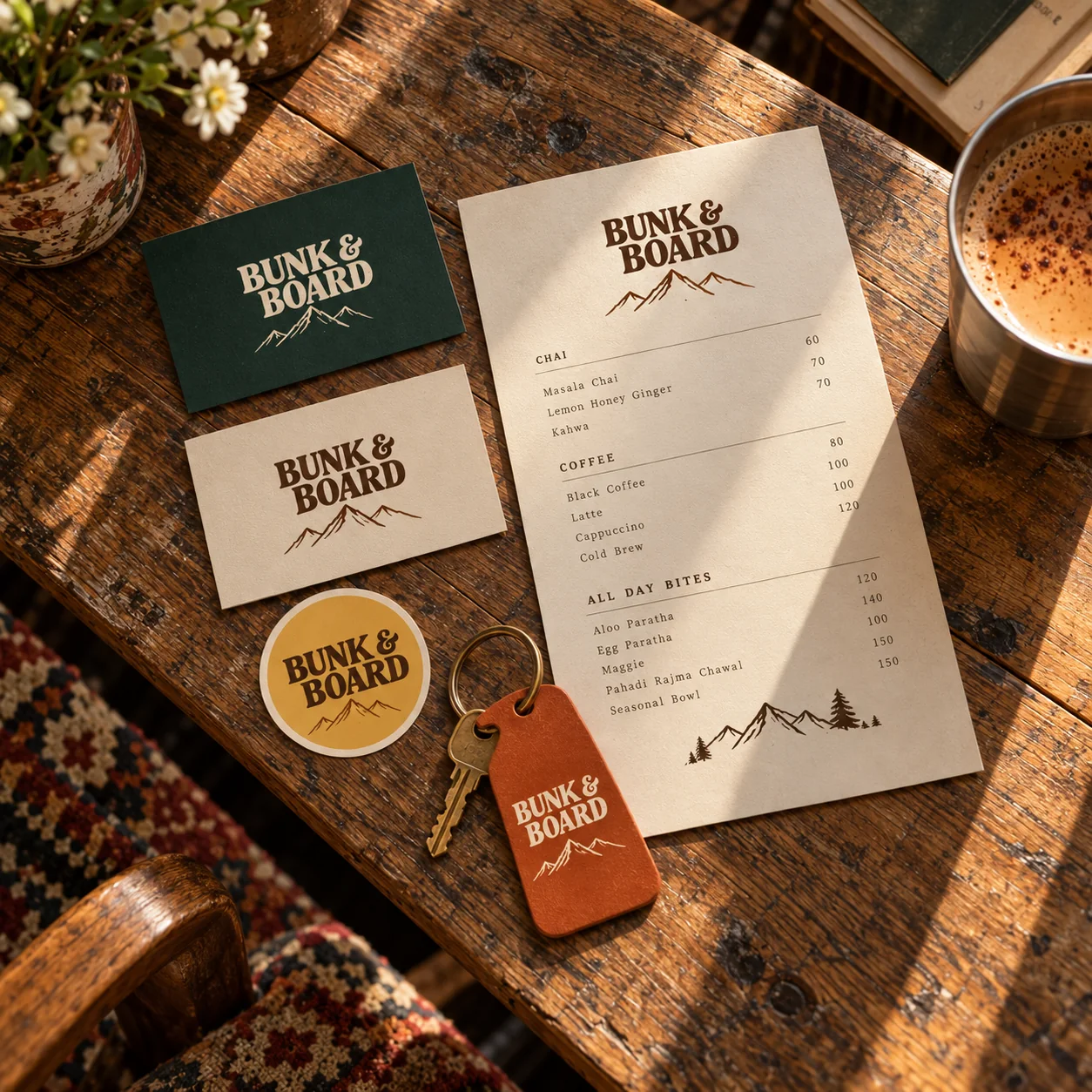 Bunk & Board brand: cards, sticker, key tag and cafe menu on a wooden table