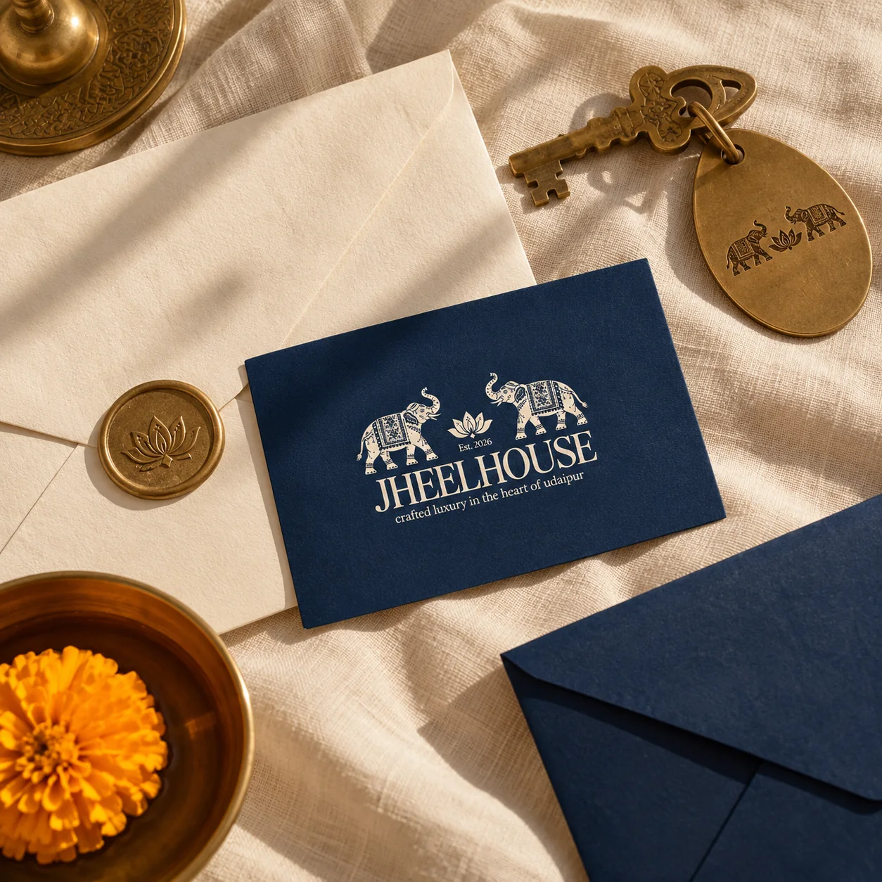 Jheelhouse brand: navy card with the elephant and lotus logo, brass key tag and wax seal